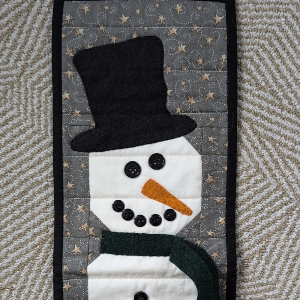 Handmade Quilted Winter Snowman Stars Table Runner Wall Hanging Gray Gold Black